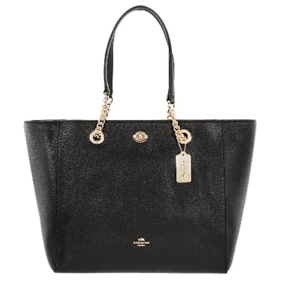 Coach XL Chain Shoulder Bag Black Leather Tote NEW - Picture 2 of 7